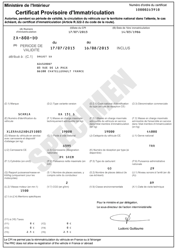 Certificat Provisoire D immatriculation CPI WW Plaque WW Certificat Provisoire D immatriculation CPI WW Plaque WW