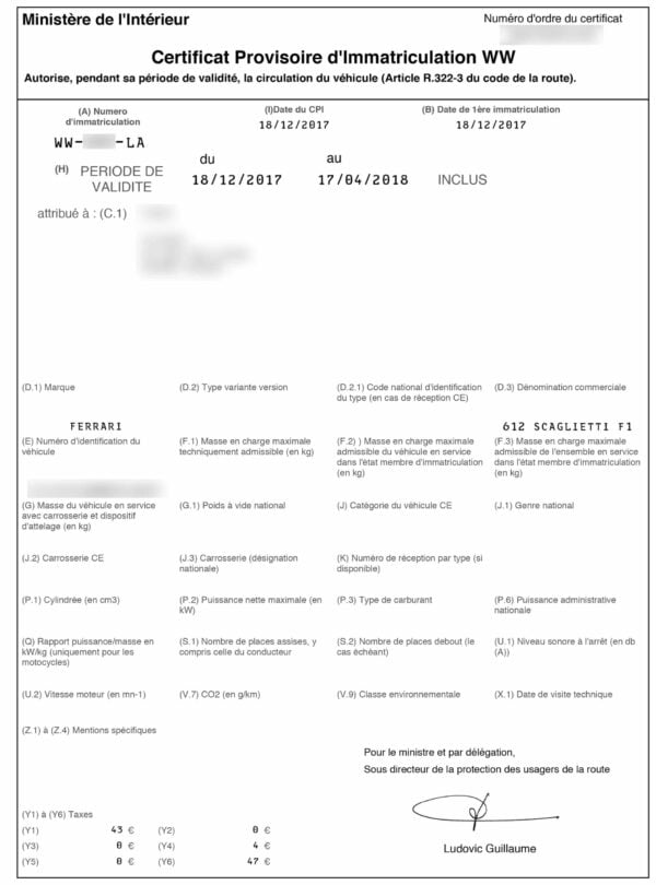 Certificat Provisoire d'immatriculation WW CPI