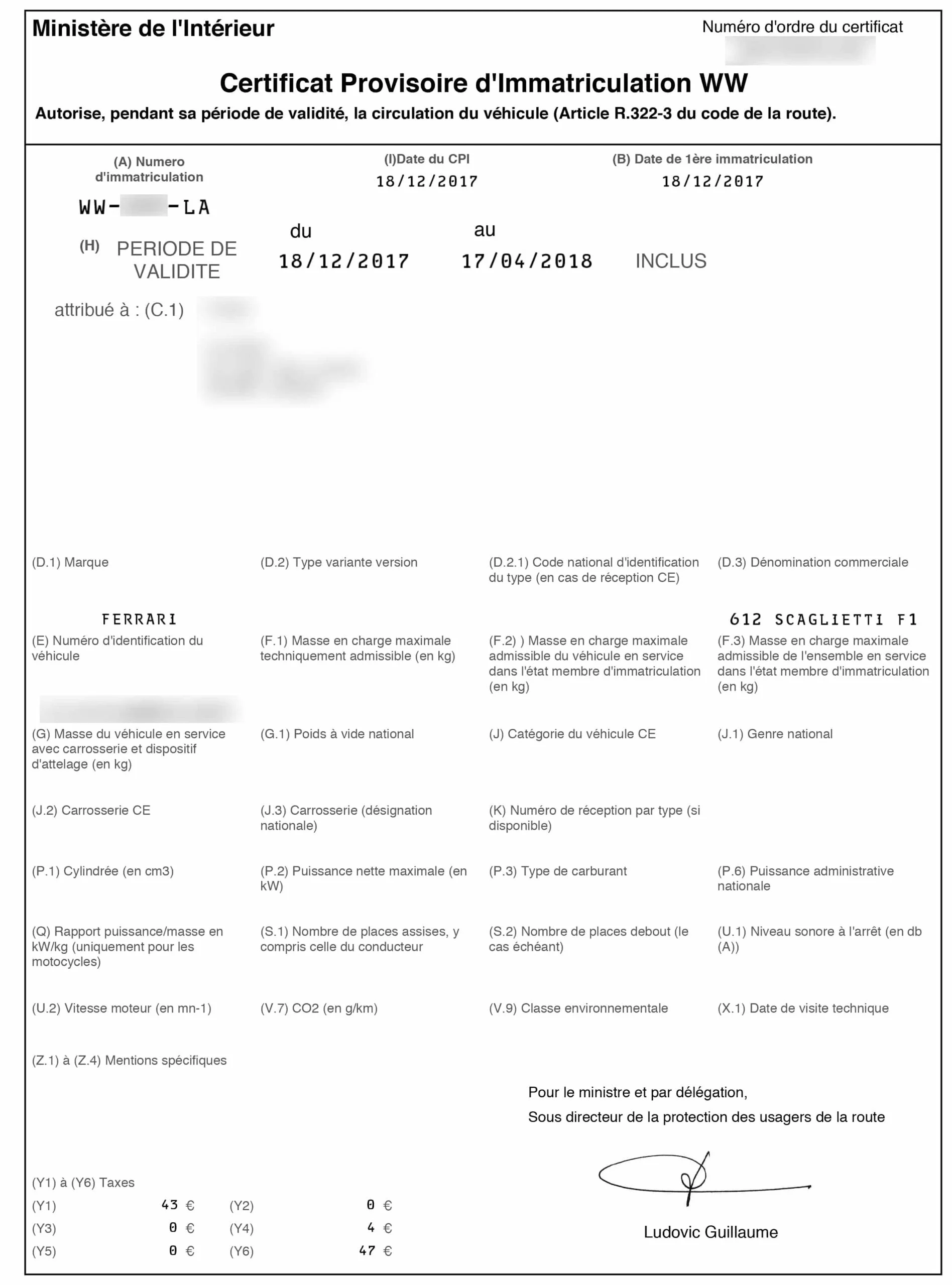 Certificat Provisoire d'immatriculation WW CPI